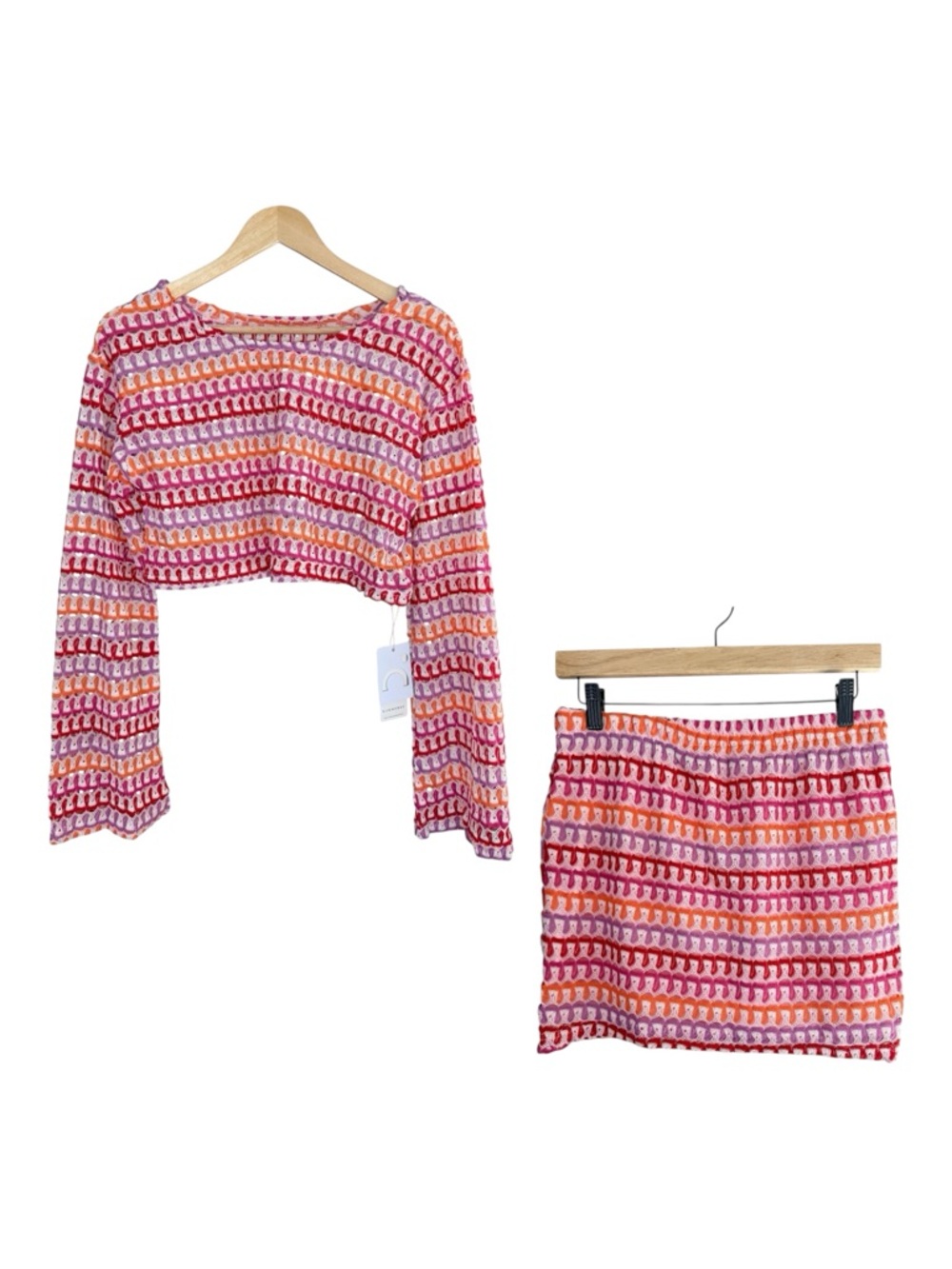 Commense Pink, Orange & White Crochet Cover Up Set Top Mini Skirt Large NWT